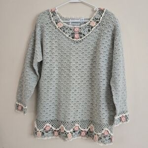 Vintage Shenanigans Hand Knit Crochet Sweater Mint Green Size S